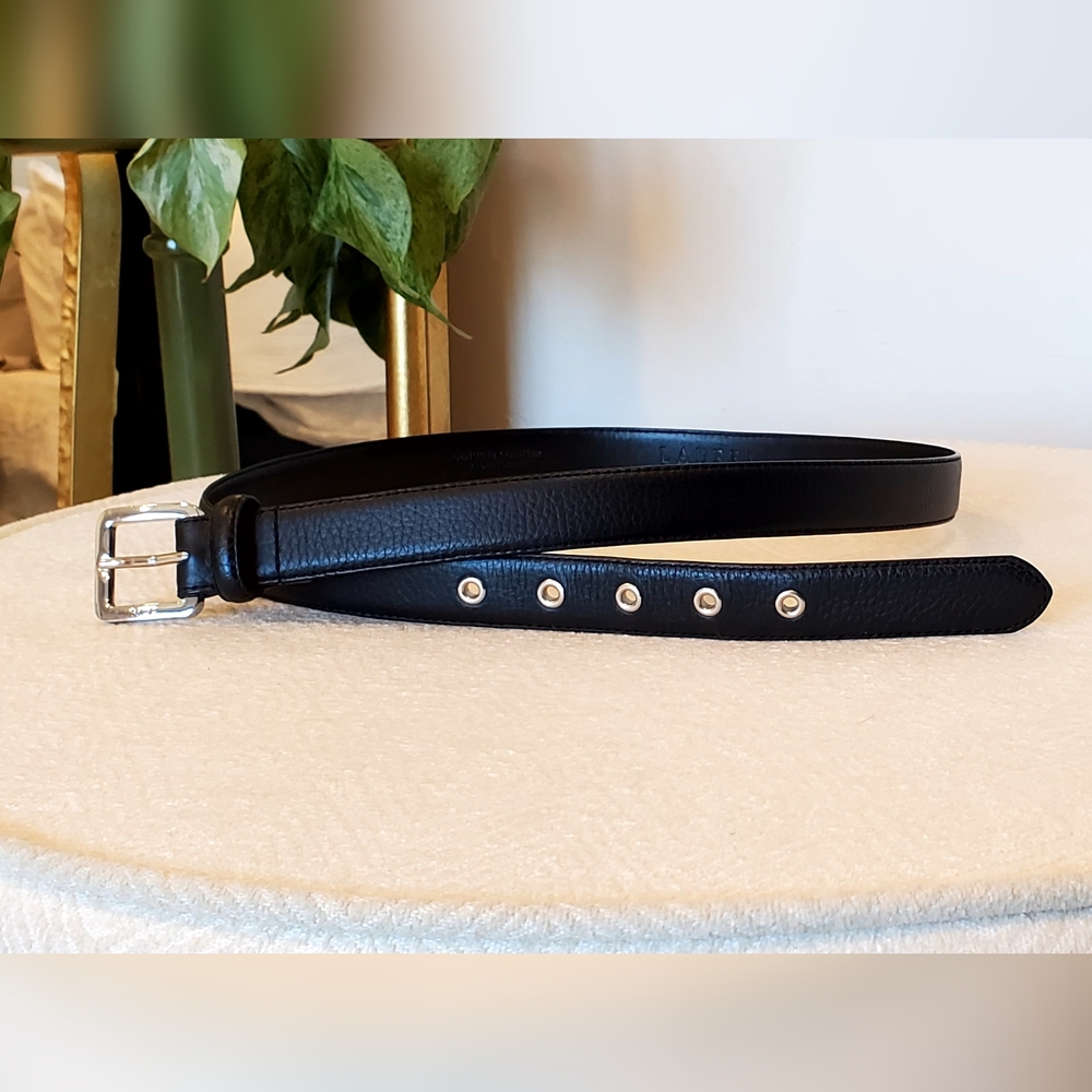 Ralph Lauren Black Leather Silver Monogram Buckle Silver Grommet Belt Lg EUC - Picture 8 of 16